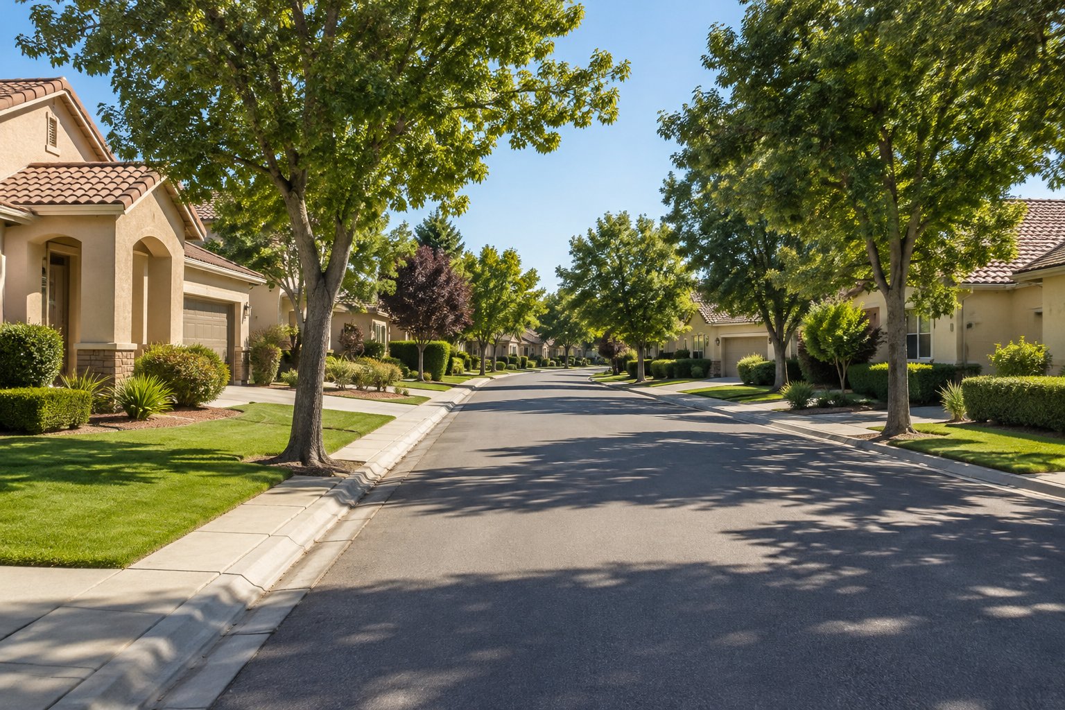A quiet Northern California residential street with mature trees, illustrative