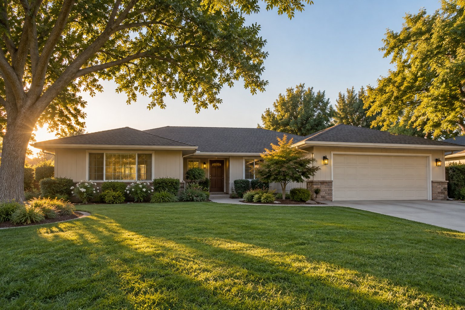 A Central Valley California home with a tidy front yard and mature trees at golden hour, illustrative