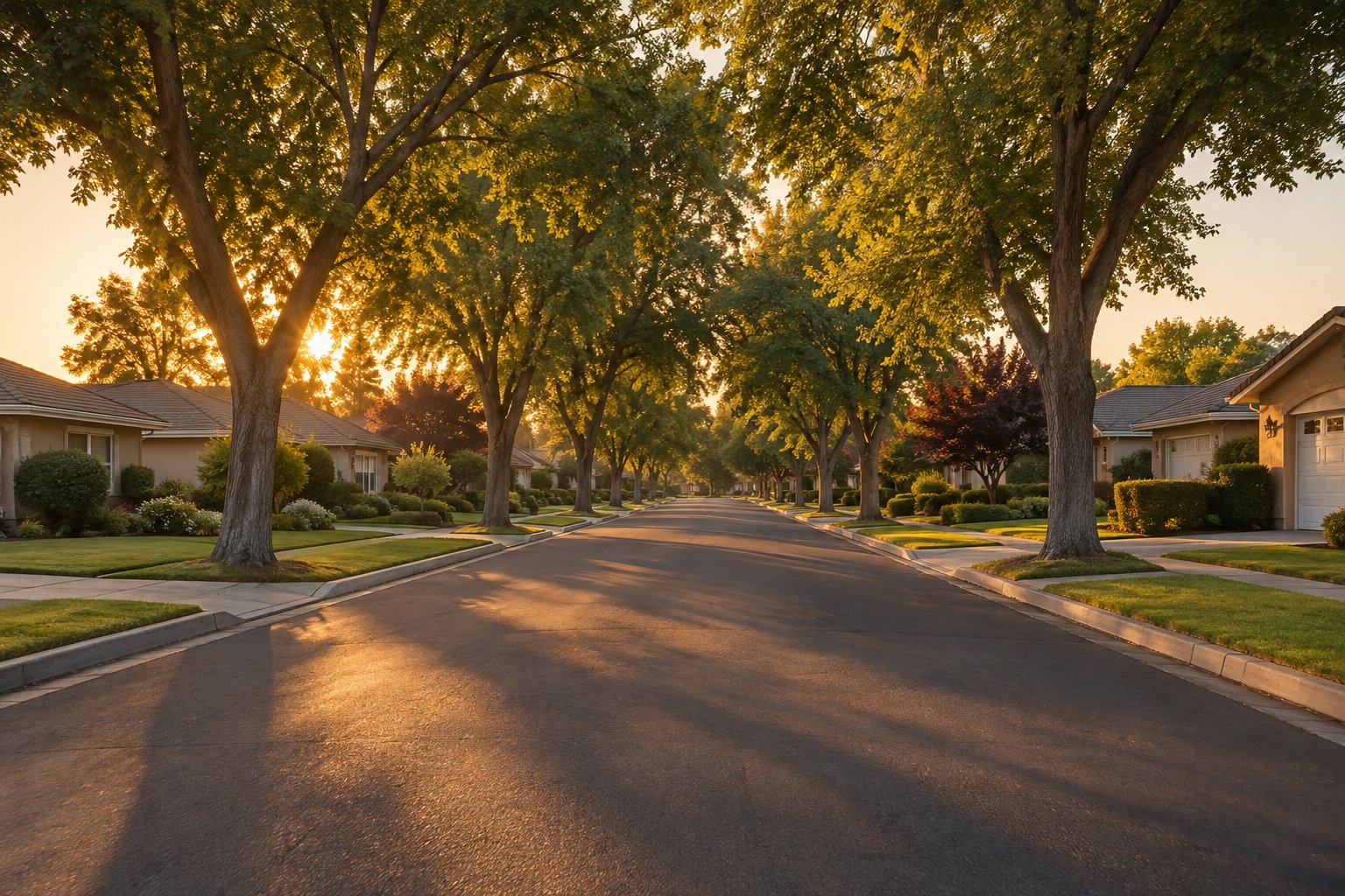 A tree lined Central Valley street at golden hour, illustrative