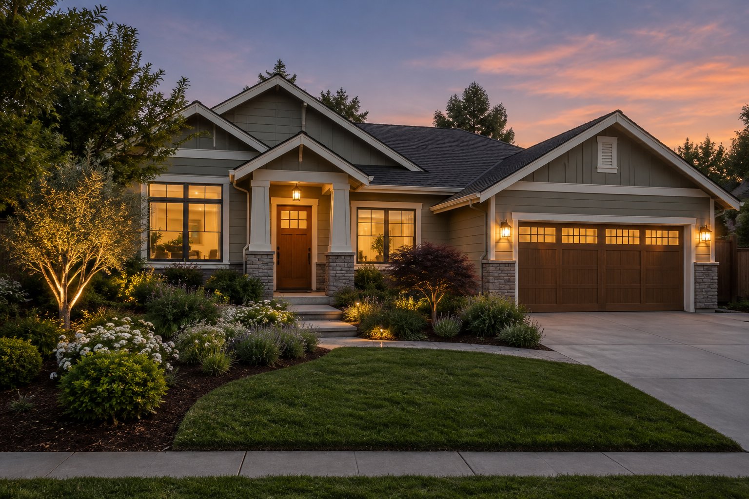 A Northern California home at dusk, illustrative