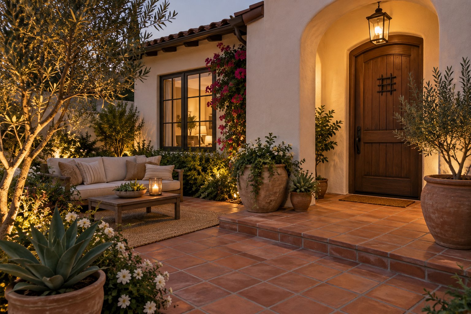 A cozy front porch of a California home, illustrative